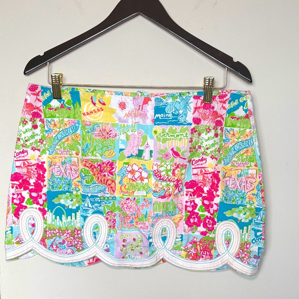 Lily Pulitzer the Roslyn “State of Mind” patchwork skirt scalloped hem